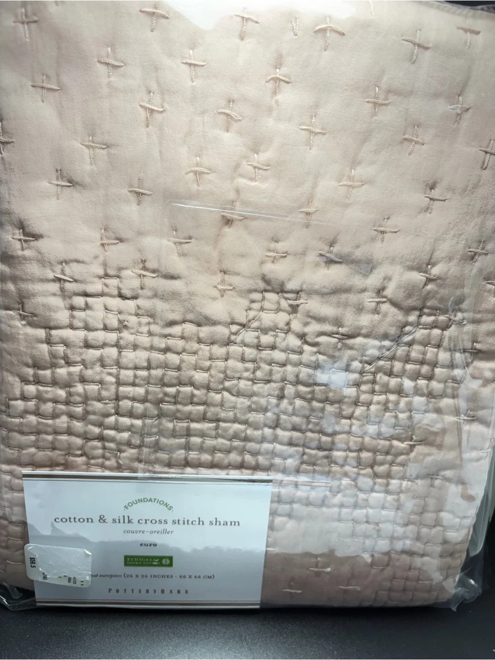NWT Pottery Barn Foundations Euro Sham 26x26 Cotton Silk Cross Stitch